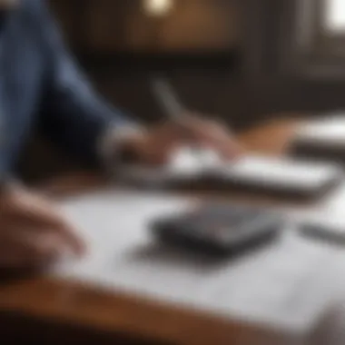 An individual contemplating financial decisions with a calculator and paperwork.