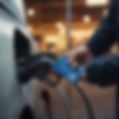 Person filling up gas tank with focus on rewards card