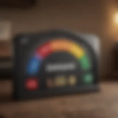 A digital representation of a credit score gauge