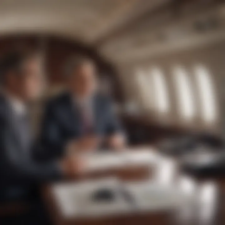 Business executives discussing travel plans in a private jet setting