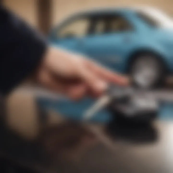 A close-up of a car key being handed over, representing the transfer in private vehicle transactions.