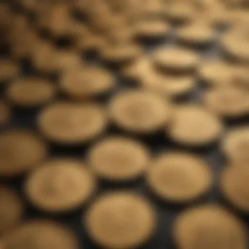 An assortment of gold coins arranged aesthetically on a dark surface.